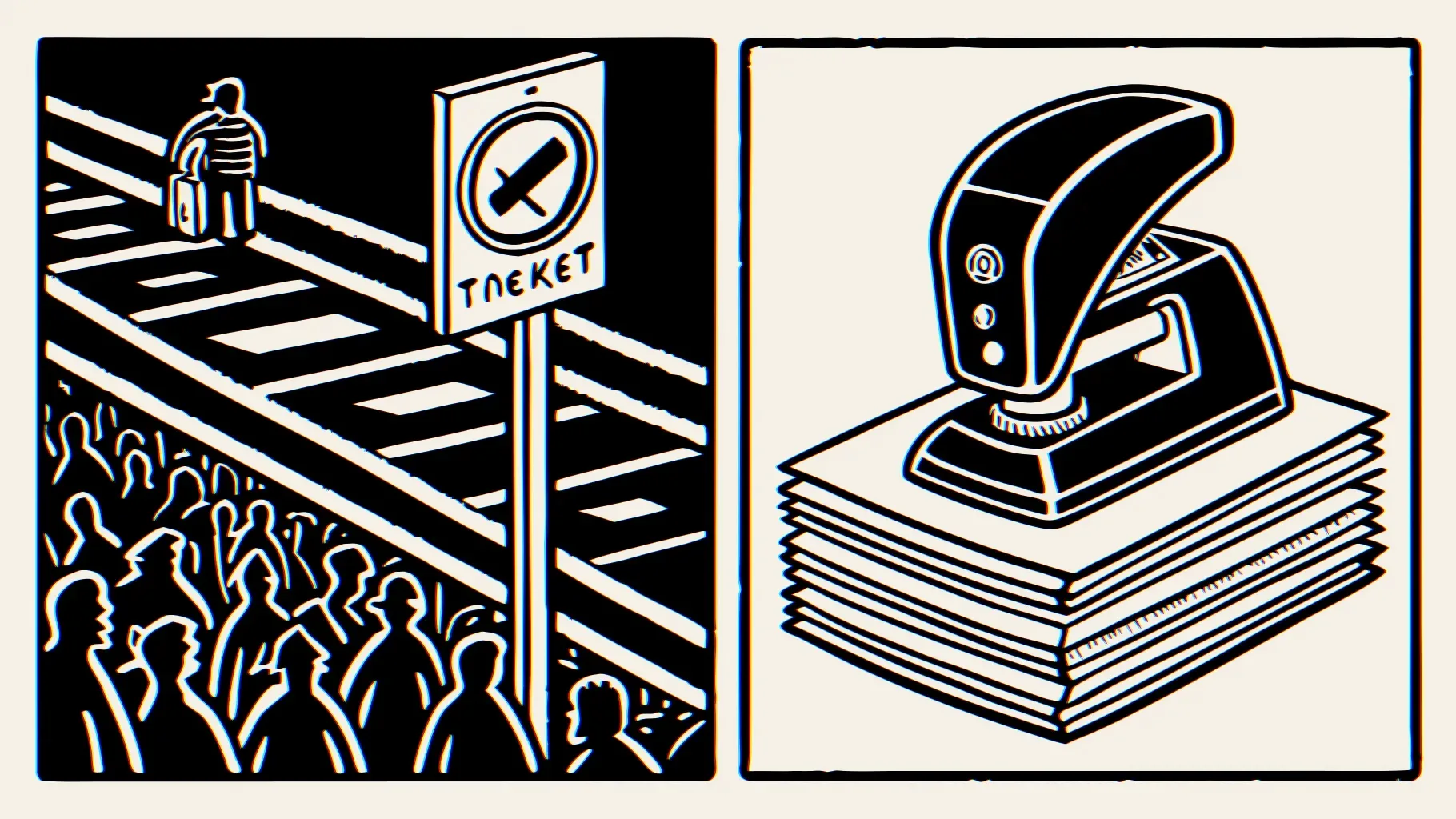 Illustration: Eine mechanische Entwerter-Stempeluhr auf einem Stapel Fahrscheine, links die dichte Silhouette eines U-Bahnhofs, rechts eine leere Landstraße mit schrägem Haltestellenschild.