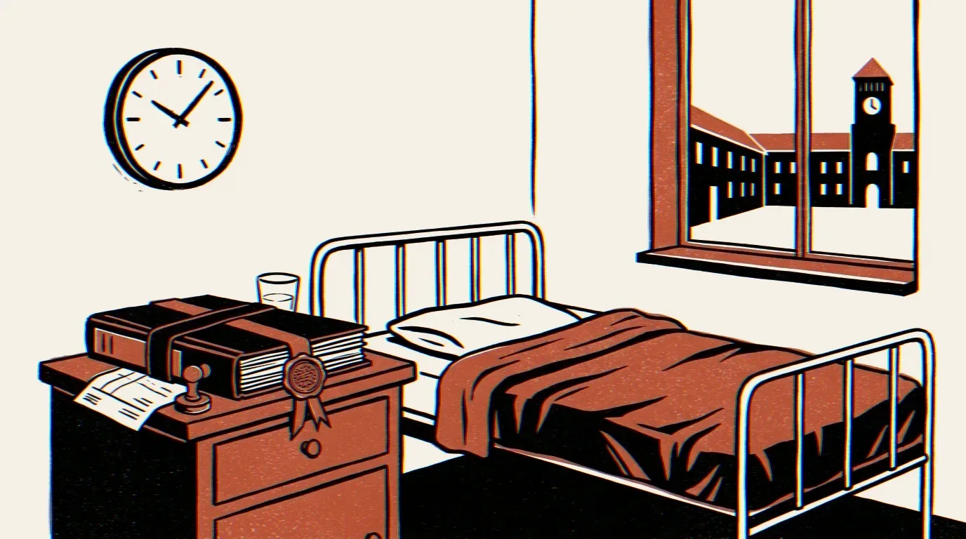 Illustration: Ein hölzerner Nachttisch neben einem leeren Heimbett, darauf ein massives Aktenbündel mit Lacksiegel, eine Rechnung und ein Glas Wasser. An der Wand eine schlichte runde Uhr mit Zeigern, daneben ein Fensterrahmen mit Blick auf den Hof.